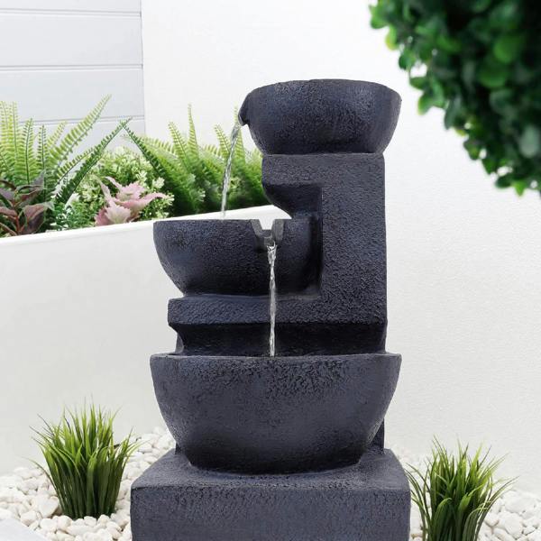 Gardenwize Solar-Powered 4-Tier Cascading Black Ceramic Water Feature with Battery Backup