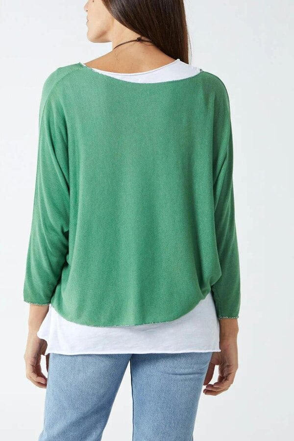 Hoxton Gal Oversized Long Sleeves Layered Blouse With Necklace In Light Green And White