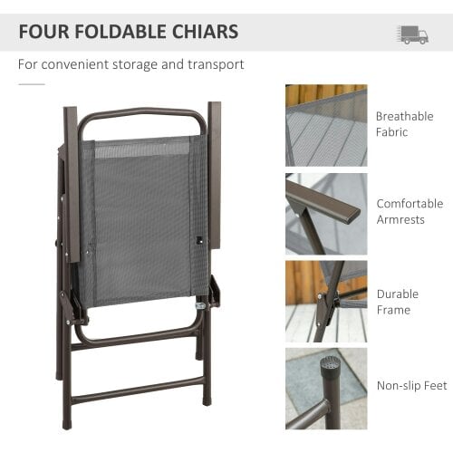Wyld Haus Misotte Metal and Mesh Light Grey 4 Seater Garden Dining Set With Parasol Folding Chairs And Glass Table