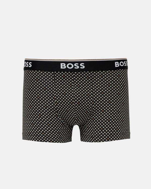 BOSS men's boxer briefs featuring a black and white micro-dot pattern with a black waistband displaying the white BOSS logo.