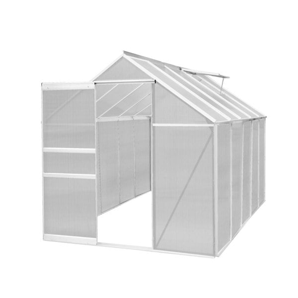 Silver polycarbonate greenhouse measuring 6ft x 10ft, featuring a sturdy frame, transparent panels, and a spacious interior design
