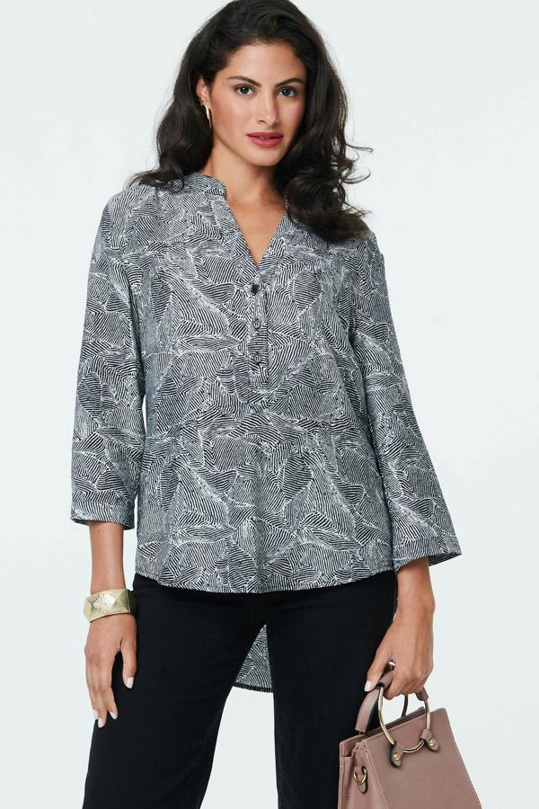 Black | Abstract 3/4 Sleeve Collarless Blouse