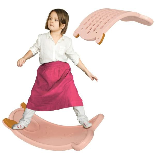Pink kids balance board with curved rocking platform and textured grip surface