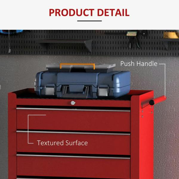 Red 5-drawer steel tool cabinet front with push handle and textured surface