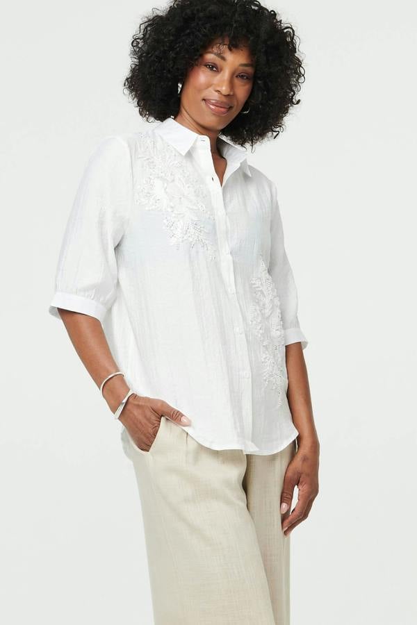 White | Sparkly Embroidered 3/4 Sleeve Shirt