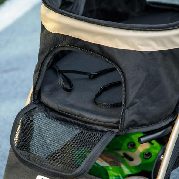 Front seat pocket detail on khaki and black pet stroller with mesh window