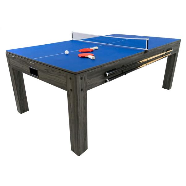7-in-1 grey games table featuring a blue playing surface, with paddles, a ball, and built-in storage for accessories