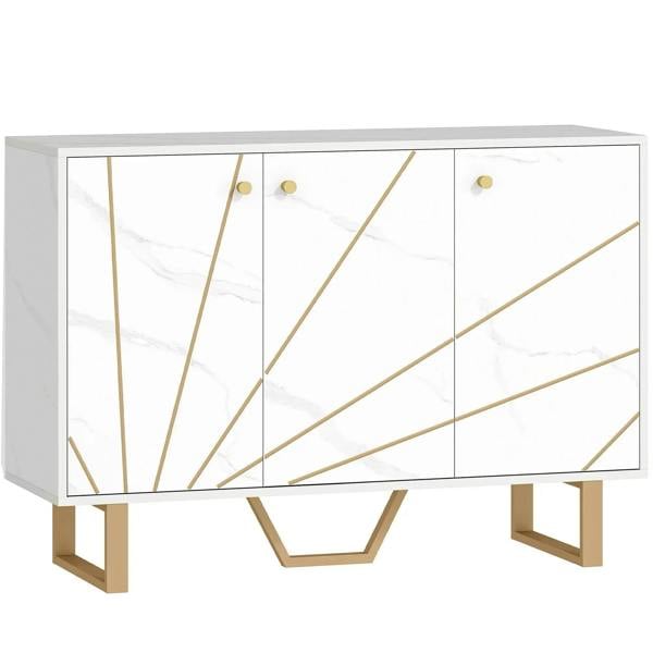 White marble-tone sideboard storage cabinet with gold-lined doors and angled metal legs