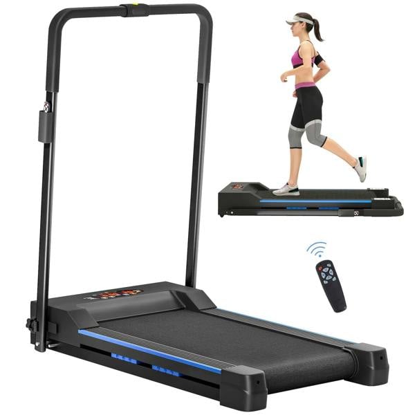 Blue folding motorized treadmill with LCD display, control panel and remote