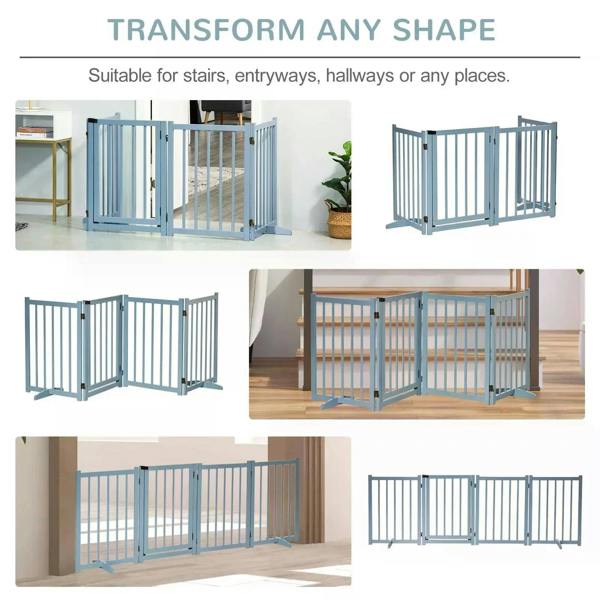 Blue four-panel foldable dog gate barrier shown in multiple room layouts