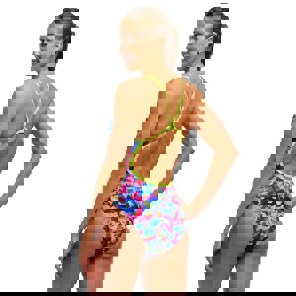 Funkita Wet Wave single strap swimsuit in neon yellow pink floral with crisscross back