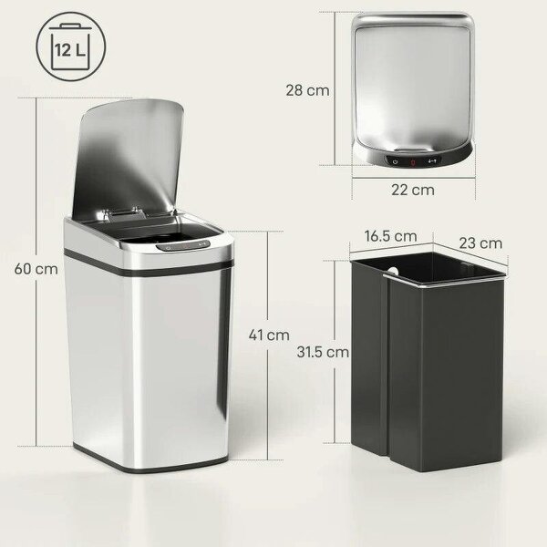 12L Sensor Bin, Automatic Touchless Motion Sensor Kitchen Bin with Fingerprint Resistant Stainless Steel, Silver