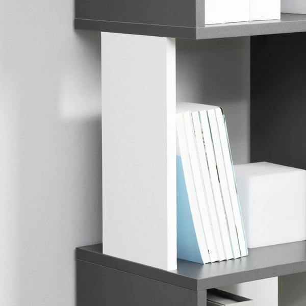 Close-up of dark gray shelf and white open compartment on 5-tier bookcase