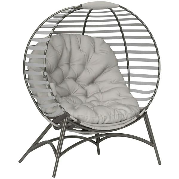 Light grey egg chair with padded cushion and arched metal frame