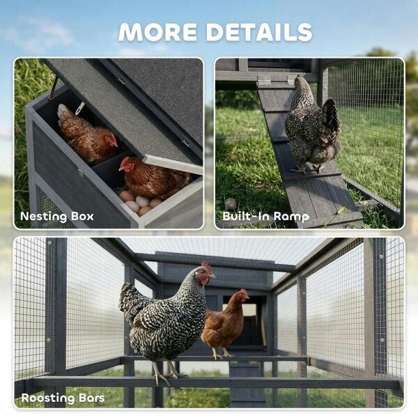 Large Chicken Coop, Wooden Hen House with Covered Run, Nesting Box, Pull-Out Tray, Opening Asphalt Roof