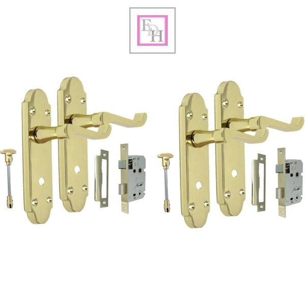 EDH Door Hardware Brass Finish Epsom Victorian Scroll on Shaped Back Plate Lock Door Handle 2 Pair