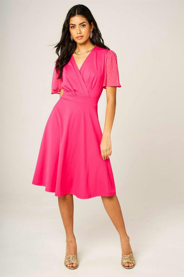 FS Collection Angel Sleeve Pleated Detail Midi Dress In Hot Pink