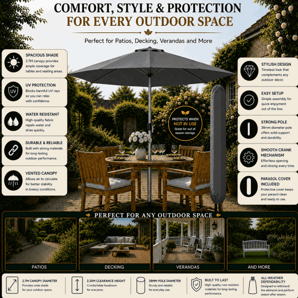 GlamHaus Tilting Garden Parasol Table Umbrella 2.7M with Crank Handle, UV40 Protection, Free Protection Cover - Dark Grey