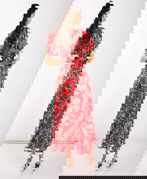 Red Floral Satin Wrap Midi back