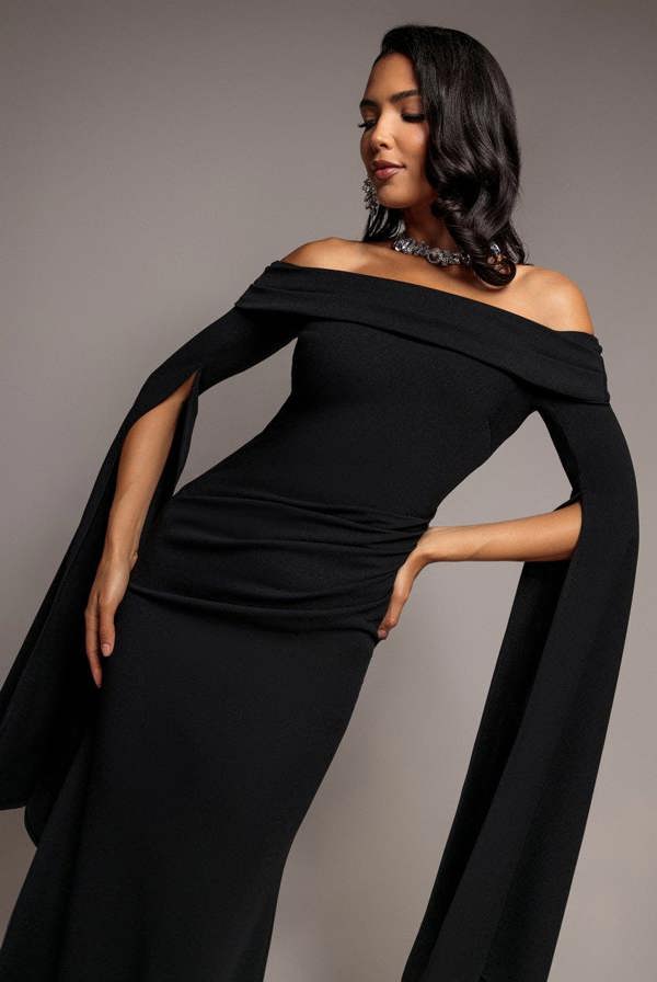 Off Shoulder Bardot Maxi Dress With  Split Cape Sleeves - Black DR5254