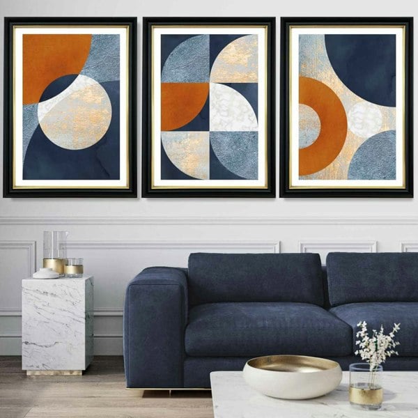 Artze Wall Art Abstract GEOMETRIC Set of 3 Navy Blue Orange and Gold Framed Art Prints