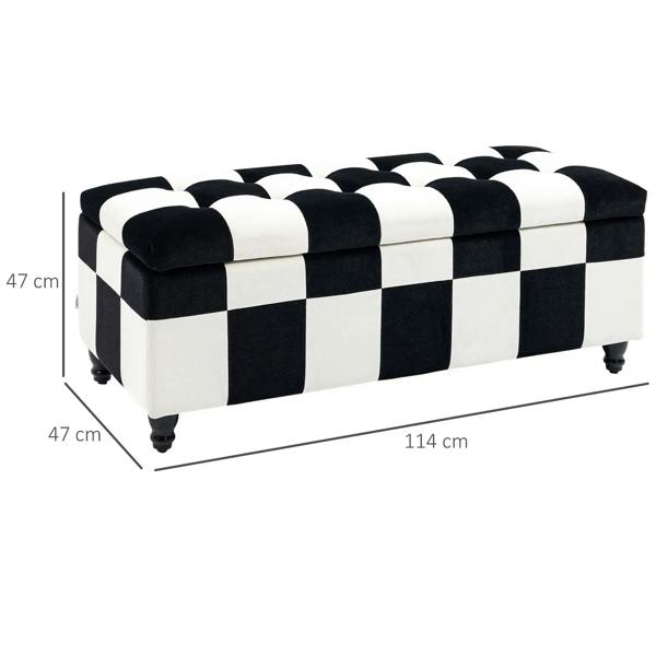 Black-and-white checkered storage ottoman with hinged top and short wooden legs.
