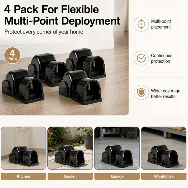 TOQUE Mouse Trap Quick Tunnel Catch Safe Reusable Indoor for Kitchen Black 4pc