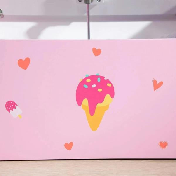 Pink toy box panel with colorful popsicle and heart print