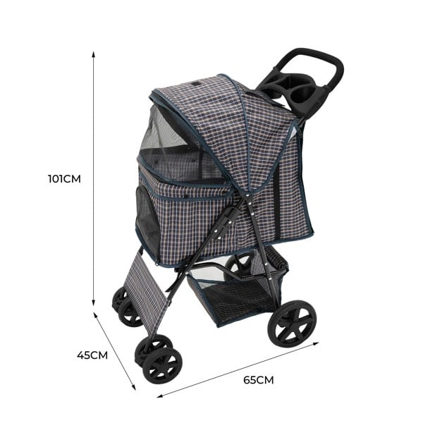 Monstershop Pet Stroller with Rain Cover – Blue Tartan