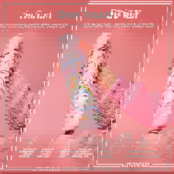 A pink water bottle, featuring a fairy design, is held; its flip top opens with a single click. The bottle is slim and made of stainless steel.