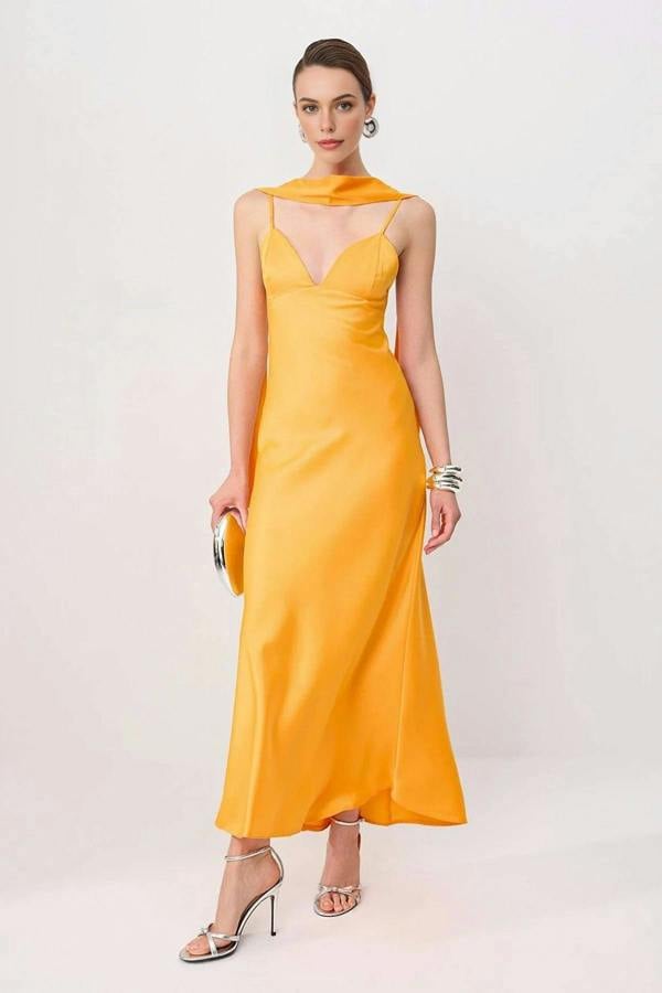 Hoxton Gal Maxi Satin Evening Dress with Shawl Detail