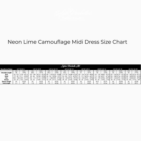 Neon Lime Camouflage Midi Dress Size Chart