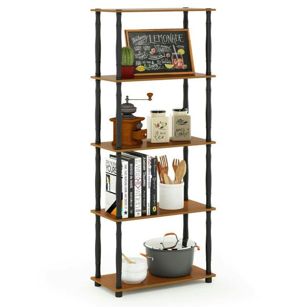 WALPLUS Space-Saving Turn-N-Tube 5-Tier Multipurpose Shelf Display Rack with Classic Tubes, Light Cherry/Black for Living Room