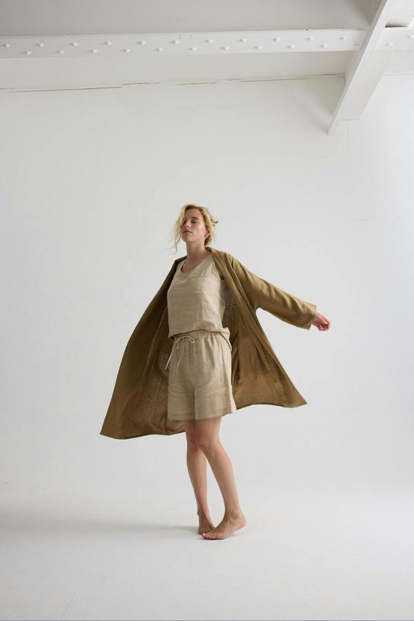 Pretty You London Long Relaxed Linen Jacket In Overland Trek