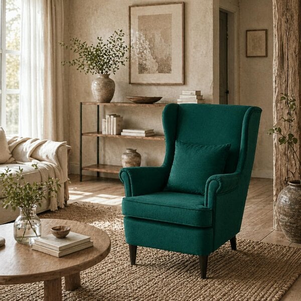 Wyld Haus Velvet Dark Green Wingback Accent Chair With High Back Pillow And Wooden Legs