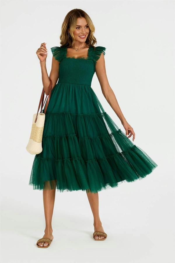 FS Collection Sleeveless Smocked Ruffle Tulle Dress In Forest Green