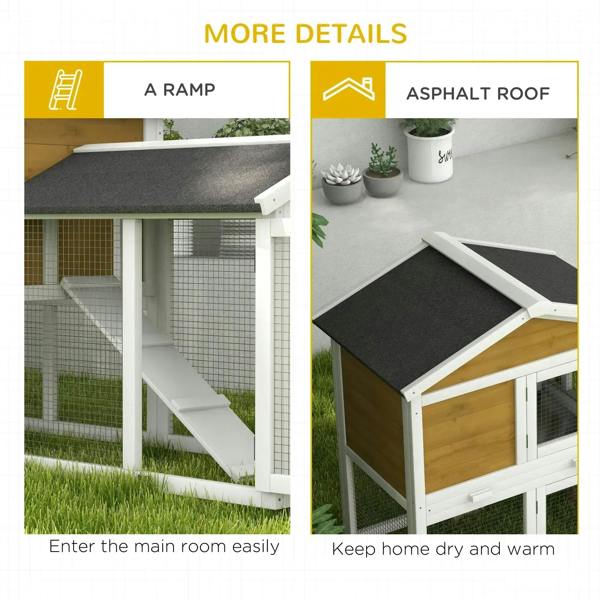 Yellow double-tier rabbit hutch with ramp and dark asphalt roof, entrance detail