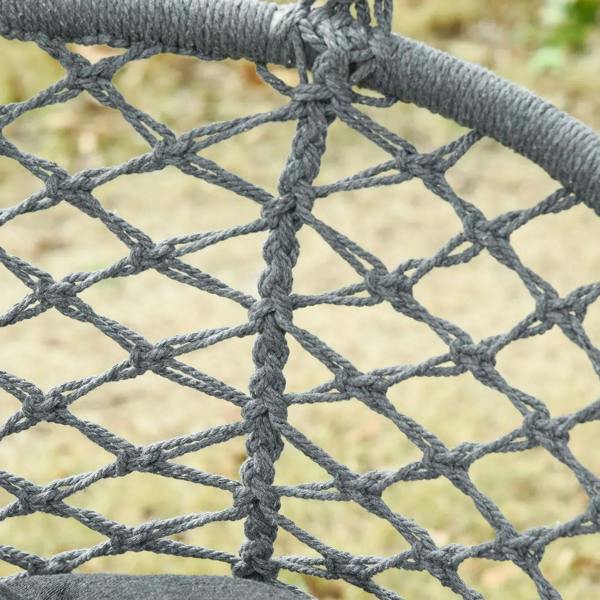 Close-up of dark grey macrame hammock net with crisscross grid rope pattern