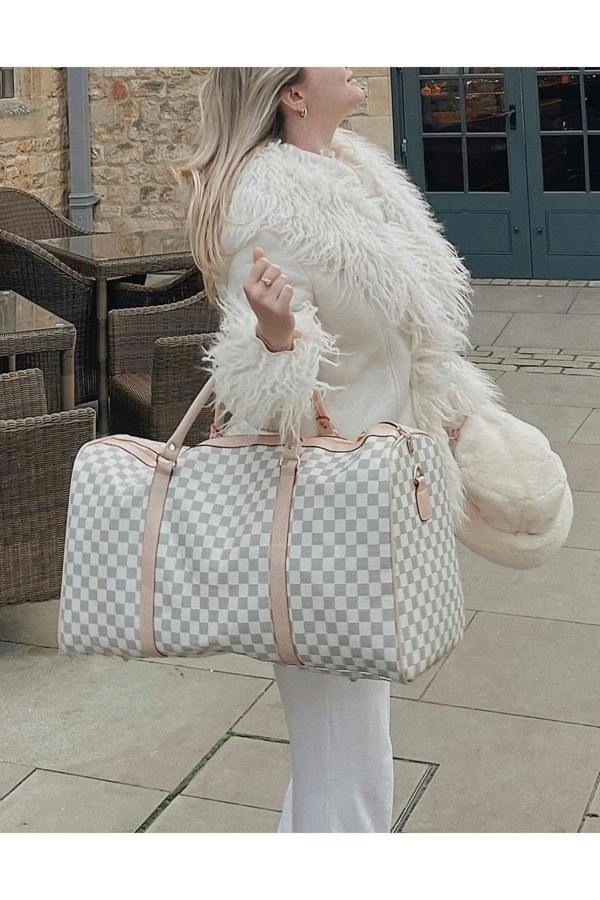 Indigo Checked Print Overnight Bag - White
