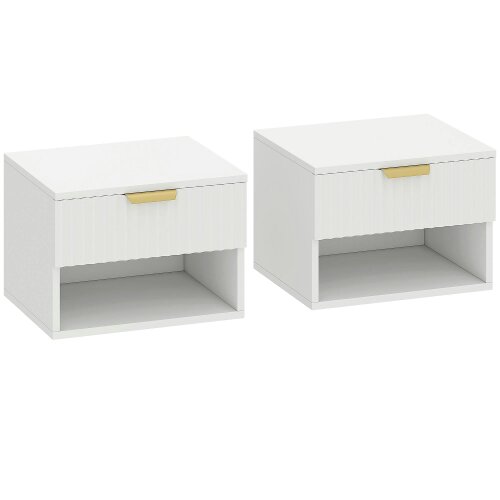 Wyld Haus Ludi Set Of 2 Wooden White Wall Mounted Bedside Tables With Fluted Drawer And Shelf