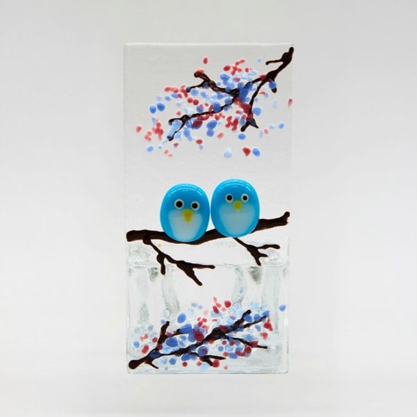 Handmade Fused Glass - Tea Light Holder - Love Birds - Summer Blossom