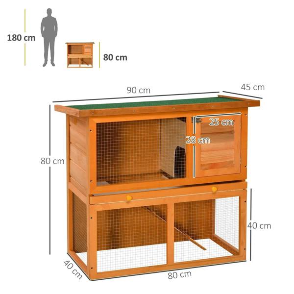 Two-tier wooden rabbit hutch with green roof panel and wire mesh compartments