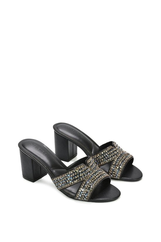 XY LONDON Sparkly Diamante Strappy Mid Block Heeled Sandal Mules