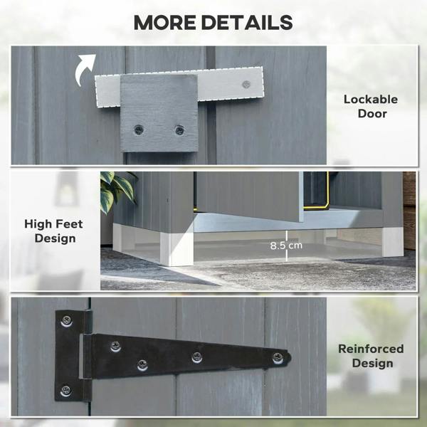 Grey storage shed hardware close-up with lockable door details and reinforced design