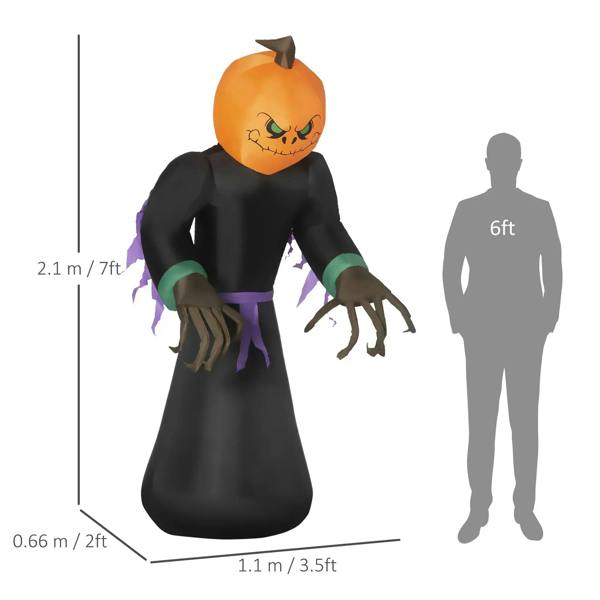 Inflatable pumpkin-headed vampire decoration, orange jack-o-lantern head, black robe, purple belt