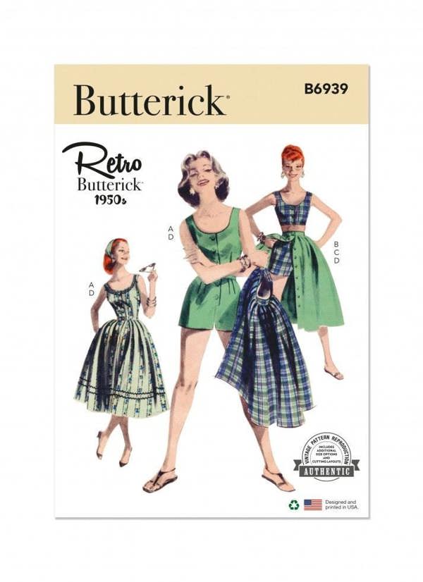Butterick Sewing Pattern 6939, Tops, Shorts, Skirts, Jumpsuits, Vintage Style for Women, A5 (6-8-10-12-14) - Intermediate