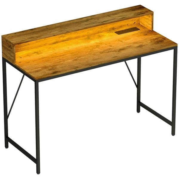 Rustic brown computer desk with black metal legs and flat rectangular tabletop