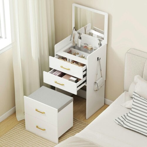 Wyld Haus Yova White Compact Dressing Table And Stool Set With Storage