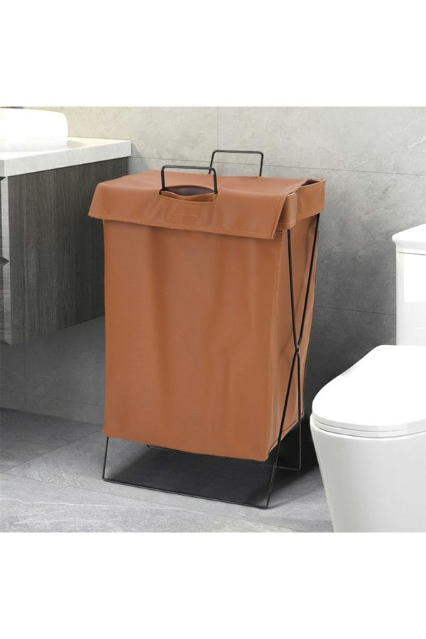 Living and Home Collapsible PU Leather Laundry Hamper with Metal Frame