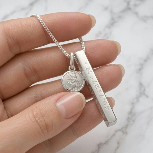 Christopher James of London Personalised Sterling Silver 3D Bar & St Christopher Necklace